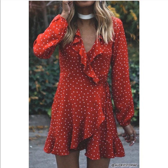 Forever 21 Dresses & Skirts - Red White Polka Dot Ruffle Tie Wrap Dress Small